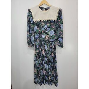 Lisa II Floral Print Midi Dress with Lace Collar Long Sleeve Size 10